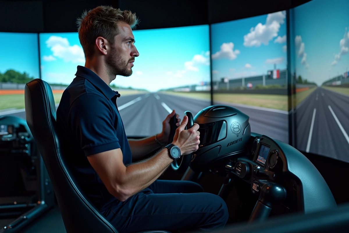Pilote MotoGP en simulateur de course haute technologie dans un centre d'entraînement moderne analysant les données de circuit