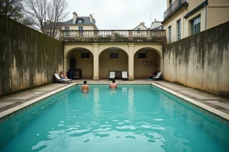 Vue extérieure du bassin chauffé de la piscine Butte aux Cailles à Paris avec nageurs et architecture Art Déco