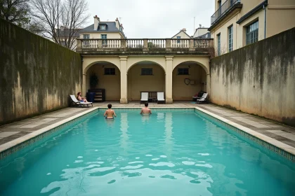 Vue extérieure du bassin chauffé de la piscine Butte aux Cailles à Paris avec nageurs et architecture Art Déco