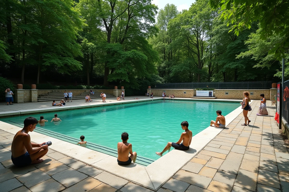 Bassin extérieur de la piscine de la Butte aux Cailles avec nageurs et terrasse en pierre sous les arbres