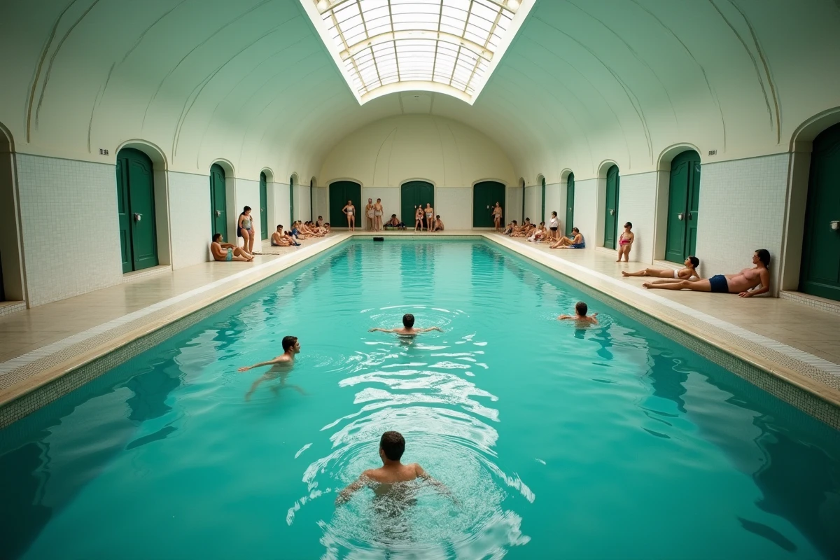 Intérieur historique de la piscine de la Butte aux Cailles avec bassin intérieur carrelé et nageurs