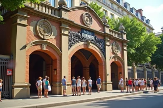 Façade Art Nouveau de la piscine de la Butte aux Cailles à Paris avec visiteurs en file d'attente