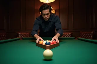 Joueur de billard plaçant les boules dans le triangle américain sur une table en feutre vert dans une salle de billard classique