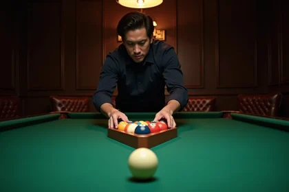 Joueur de billard plaçant les boules dans le triangle américain sur une table en feutre vert dans une salle de billard classique
