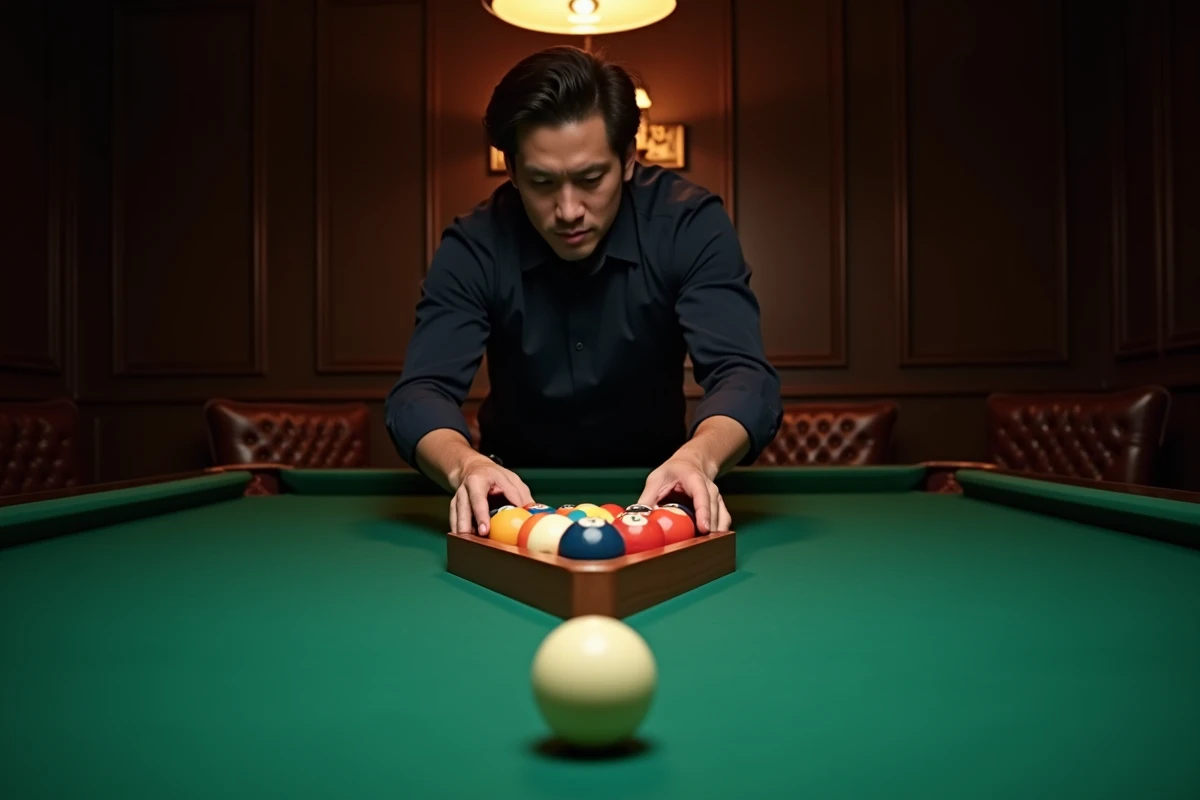 Joueur de billard plaçant les boules dans le triangle américain sur une table en feutre vert dans une salle de billard classique