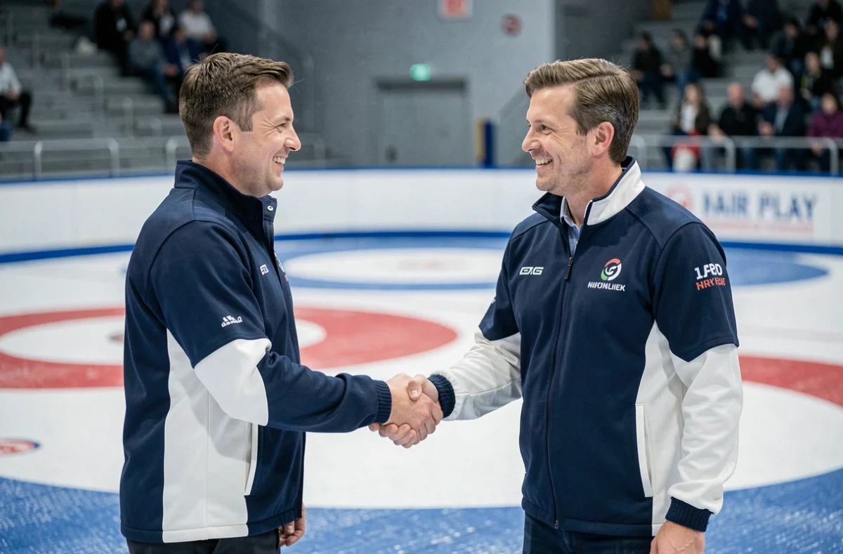 Deux joueurs de curling se serrant la main sur la glace en signe de fair-play après une partie