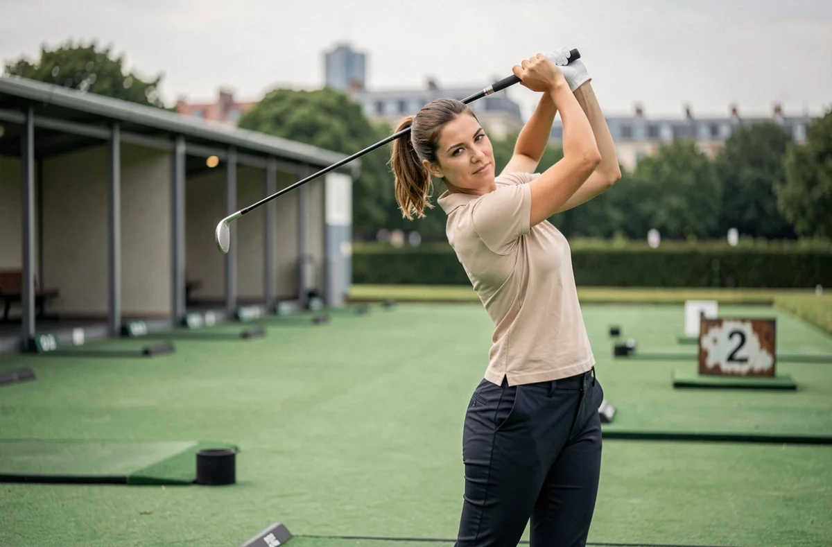 Femme pratiquant le golf sur un practice accessible en transports en commun près de Paris
