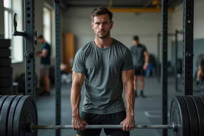 Athlète masculin en salle de musculation tenant une barre olympique chargée avant une série de squat lourd