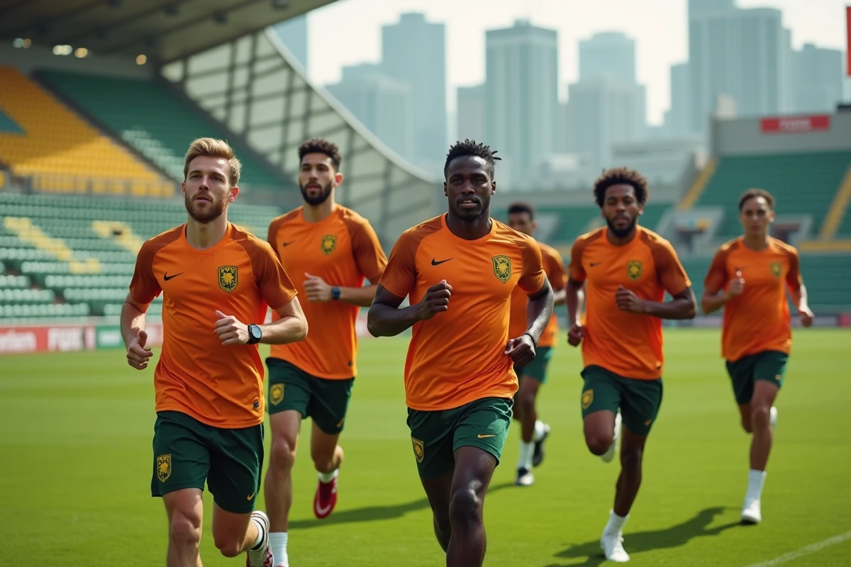 Groupe de joueurs de football en entraînement sur le terrain avec stade en arrière-plan