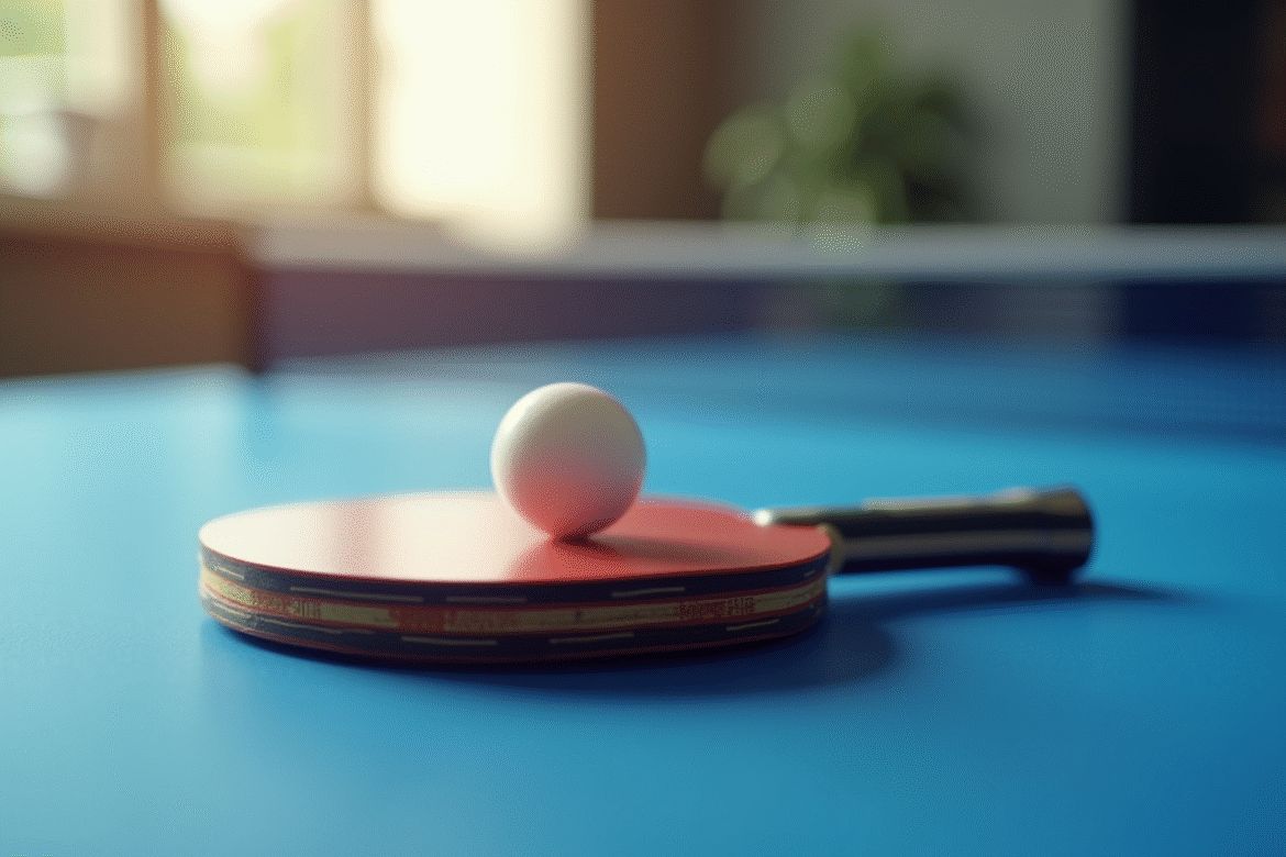 Raquette de tennis de table professionnelle avec balle sur table bleue
