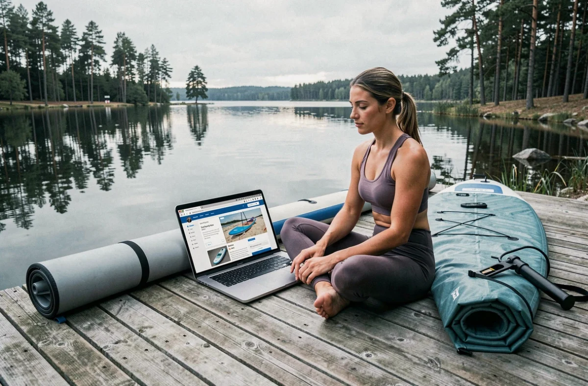 Une femme recherche un paddle board pas cher en ligne au bord d'un lac avec son matériel gonflable