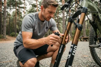 Cycliste VTT réglant la pression d'une fourche Manitou Comp avec une pompe à choc au bord d'un sentier forestier