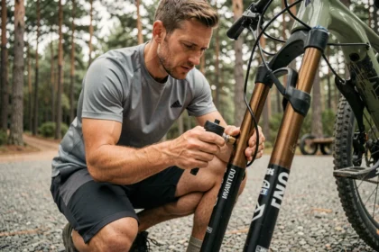 Cycliste VTT réglant la pression d'une fourche Manitou Comp avec une pompe à choc au bord d'un sentier forestier