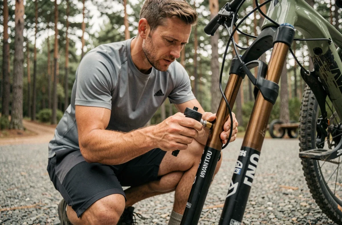 Cycliste VTT réglant la pression d'une fourche Manitou Comp avec une pompe à choc au bord d'un sentier forestier