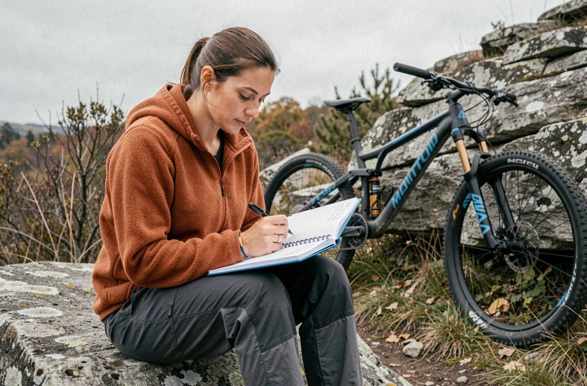 Cycliste féminine consultant ses notes de réglage de suspension Manitou Comp sur un sentier rocheux en automne