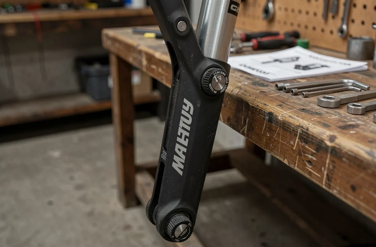 Détail des molettes de réglage rebond et compression d'une fourche Manitou Comp dans un atelier vélo