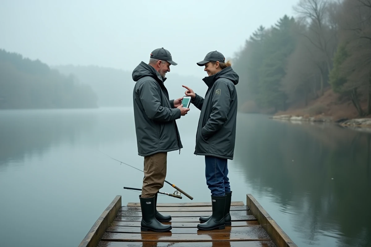 Deux pêcheurs consultant le renouvellement en ligne de la carte de pêche 2026 sur un ponton au bord d'un lac français