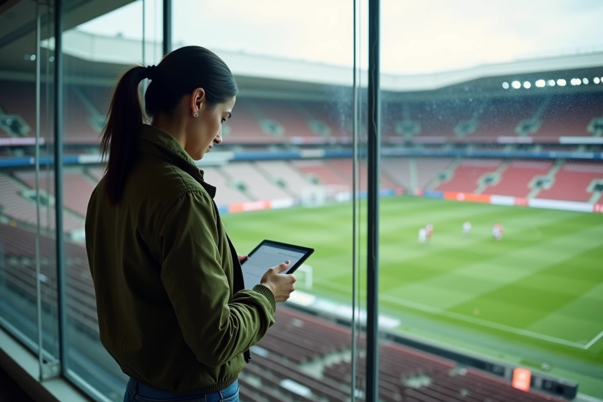 Journaliste de la rédaction sports de la Gazette d'Amiens prenant des notes dans la tribune de presse d'un stade