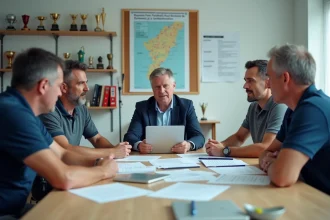 Réunion du comité Drôme Ardèche Football autour d'une table avec documents et carte régionale
