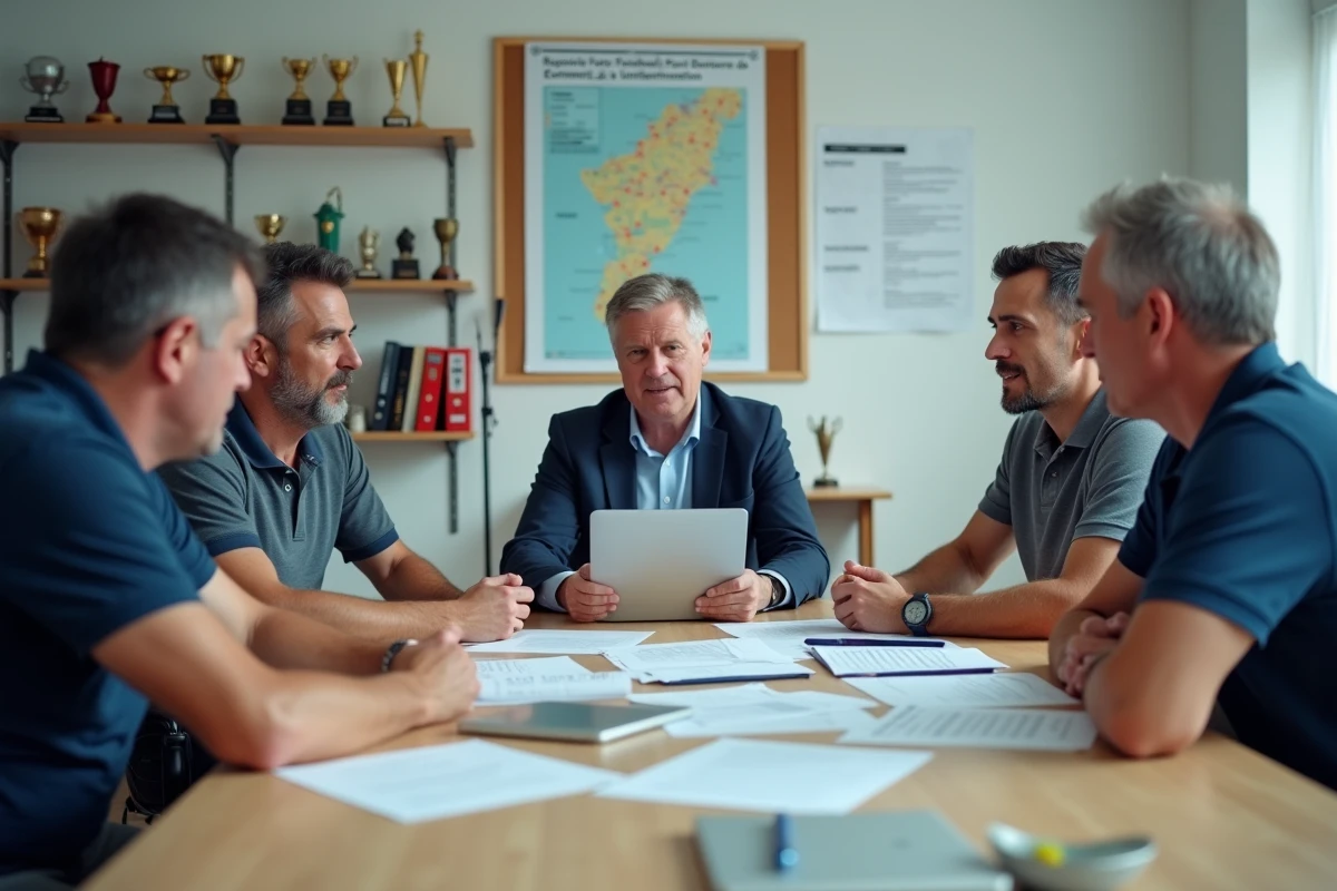 Réunion du comité Drôme Ardèche Football autour d'une table avec documents et carte régionale
