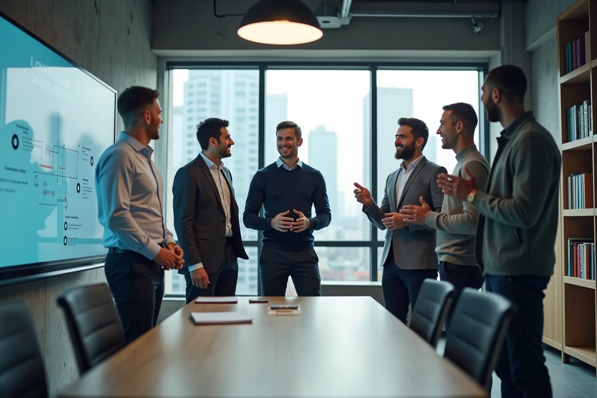 Groupe de professionnels discutant logiciel sportif