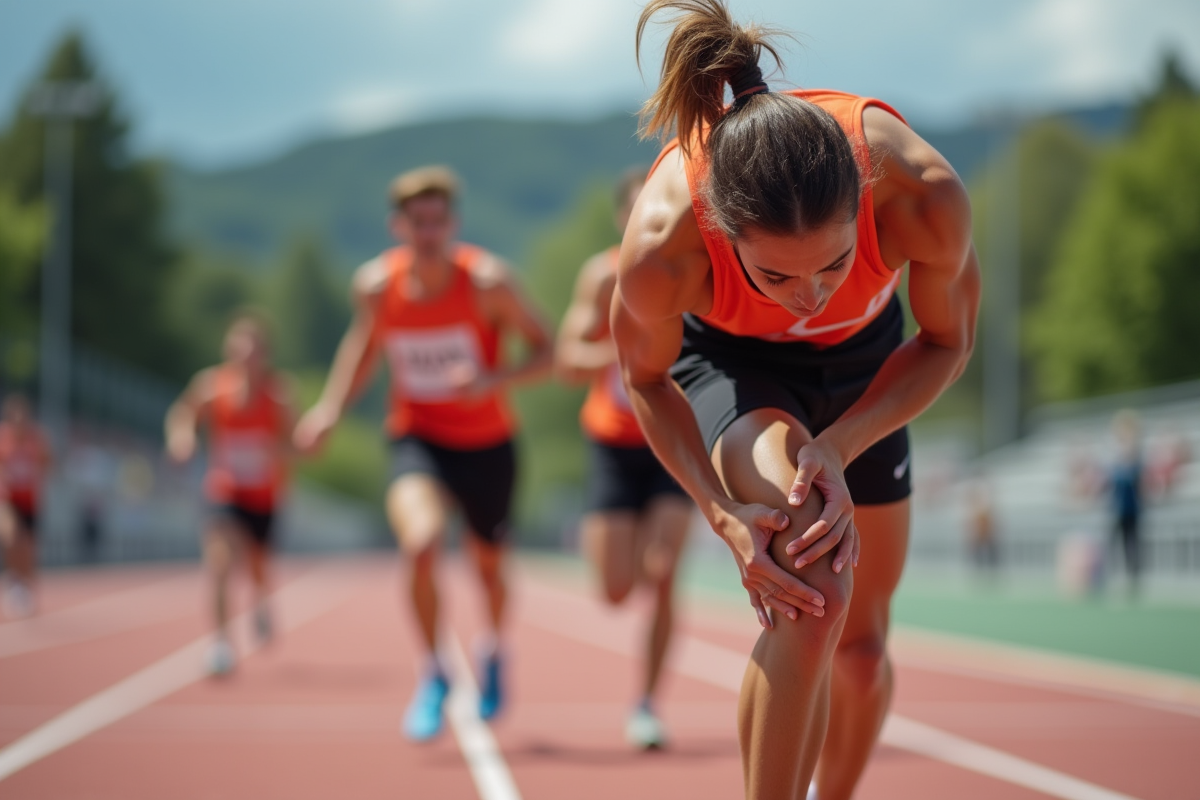 Coureur blessé tenant son genou sur une piste ensoleillée