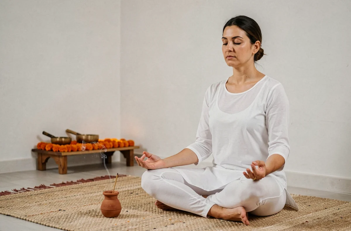Femme en posture de méditation traditionnelle dans un studio de yoga épuré à Nantes, évoquant le yoga sattvique