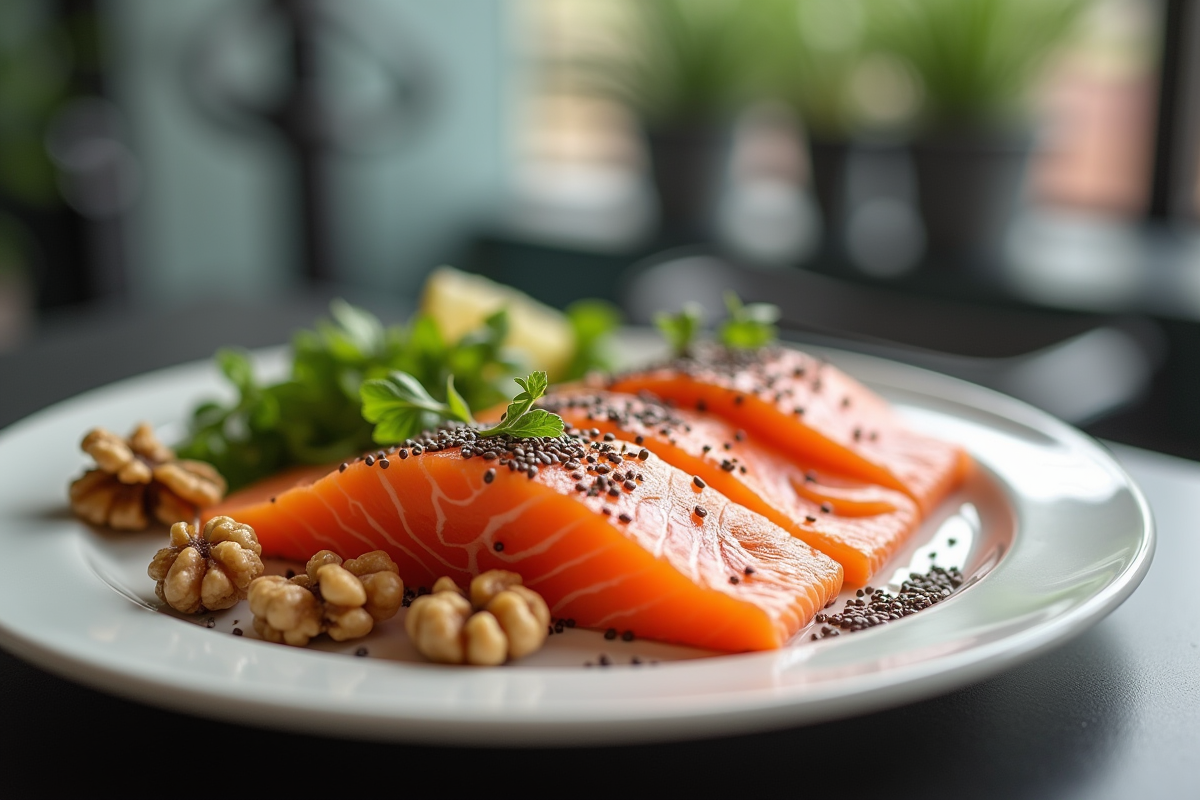 Filet de saumon avec noix et graines de chia sur une assiette blanche