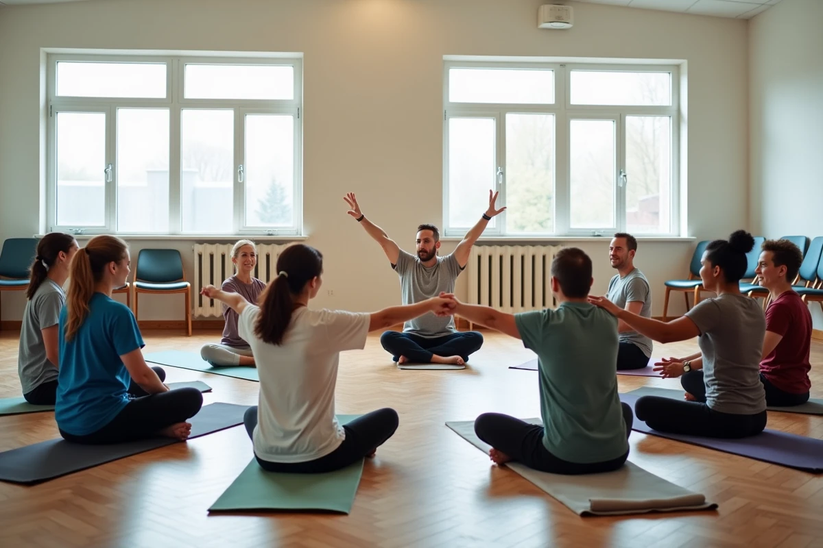 Séance de bien-être et d'étirements inclusive réunissant des adultes de tous âges et origines dans une salle communautaire, animée par un instructeur sportif bénévole