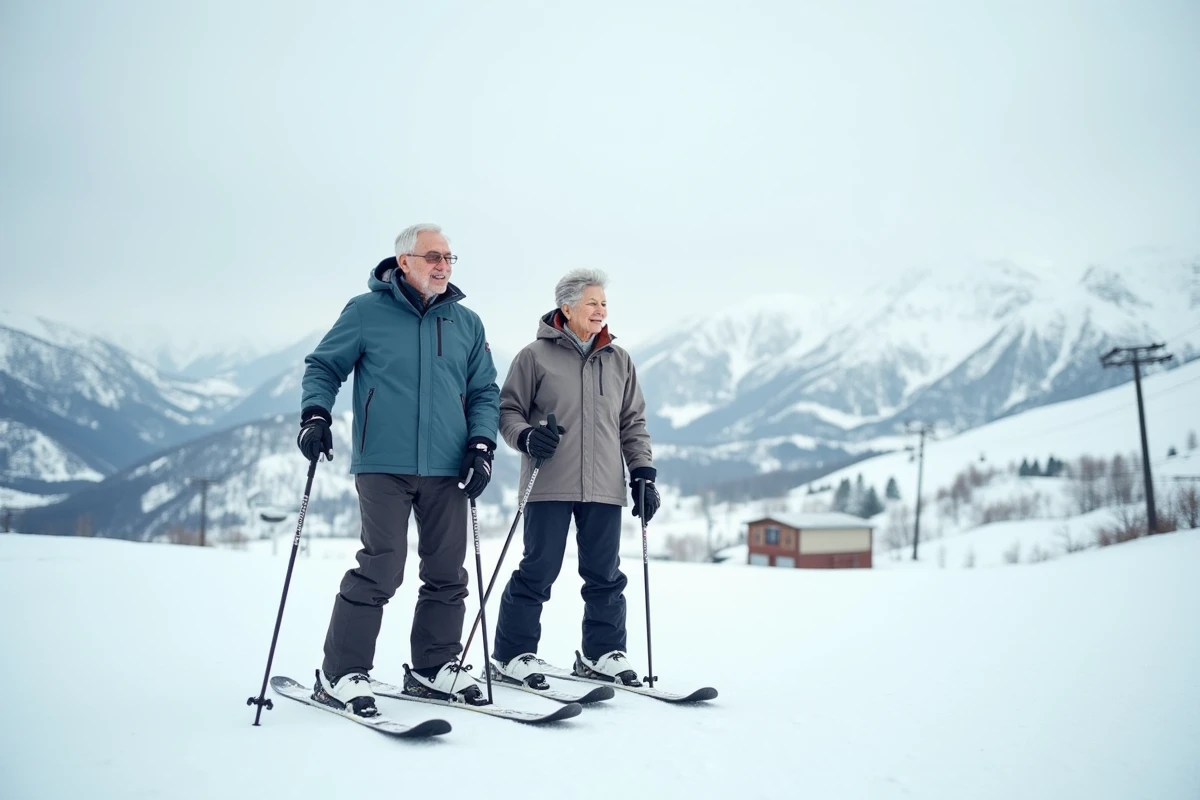 Couple de seniors en ski sur les pistes des Arcs avec vue panoramique sur les Alpes