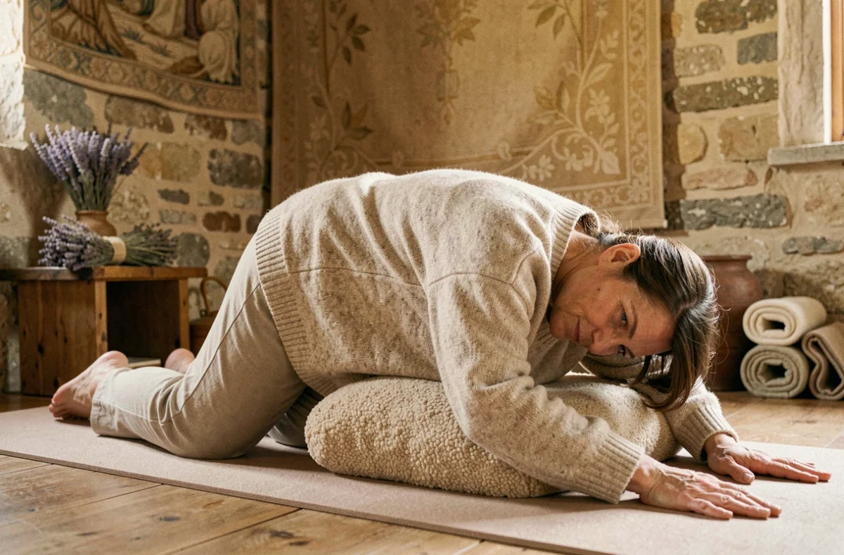 Femme en posture restauratrice de l'enfant sur un bolster dans un espace yoga chaleureux en Vendée, pratique de Séverine SlowYoga