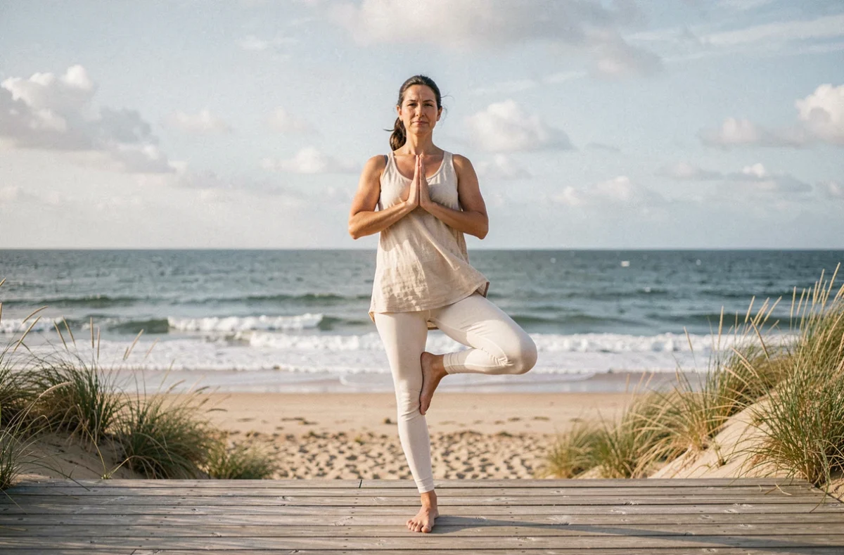 Femme en posture de l'arbre sur une terrasse en bois face à l'Atlantique près de La Baule, pratique de Shakti Yoga en bord de mer