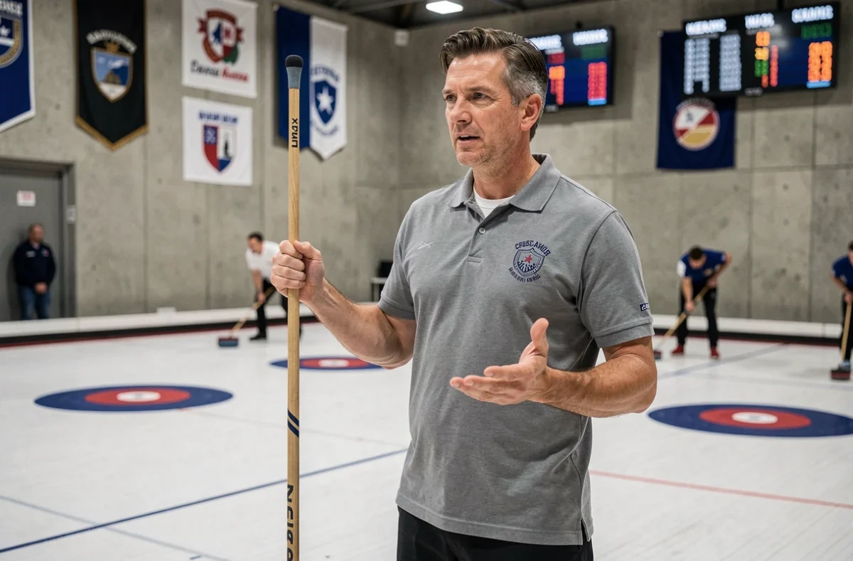 Skip de curling donnant des instructions stratégiques à son équipe depuis l'extrémité de la feuille de glace