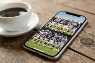 Smartphone affichant une composition d'équipe de football sur une table
