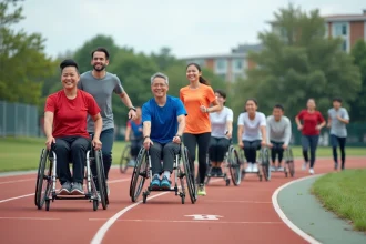 Groupe de participants inclusifs pratiquant le sport ensemble sur une piste d'athlétisme communautaire, certains en fauteuil roulant, illustrant le sport pour tous