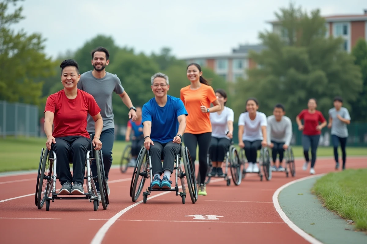 Groupe de participants inclusifs pratiquant le sport ensemble sur une piste d'athlétisme communautaire, certains en fauteuil roulant, illustrant le sport pour tous