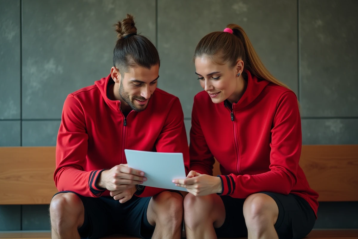 Deux sportifs masculin et féminin en tenue de sport discutant leurs notes d'entraînement dans un vestiaire moderne