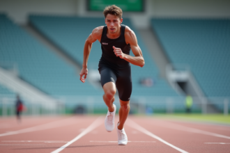 Jeune sprinteur en pleine course sur piste extérieure