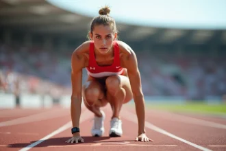 Sprinteuse en position de départ dans les starting-blocks sur une piste d'athlétisme internationale, vue en angle bas