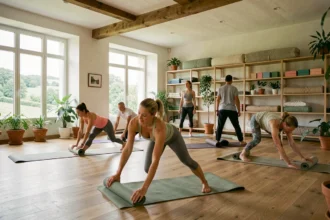 Vue d'ensemble d'un studio de yoga des Pays de la Loire avec des pratiquants sur leurs tapis dans un espace lumineux aux grandes fenêtres