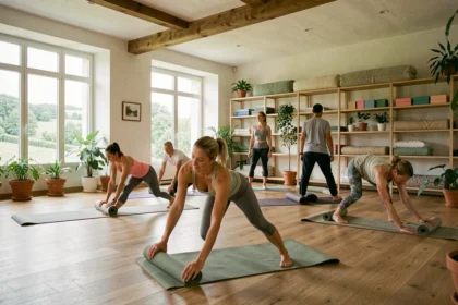 Vue d'ensemble d'un studio de yoga des Pays de la Loire avec des pratiquants sur leurs tapis dans un espace lumineux aux grandes fenêtres