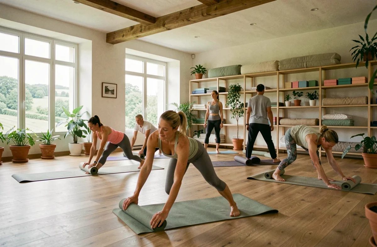 Vue d'ensemble d'un studio de yoga des Pays de la Loire avec des pratiquants sur leurs tapis dans un espace lumineux aux grandes fenêtres