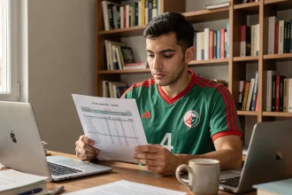 Supporter algérien de la JSK lisant un programme de compétition en PDF imprimé à son bureau à domicile
