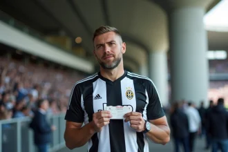 Supporter de la Juventus FC tenant un billet de match devant l'entrée du stade en 2026