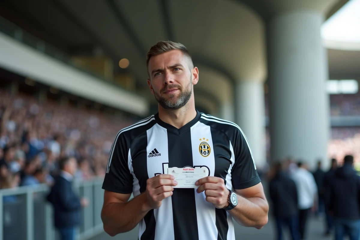 Supporter de la Juventus FC tenant un billet de match devant l'entrée du stade en 2026