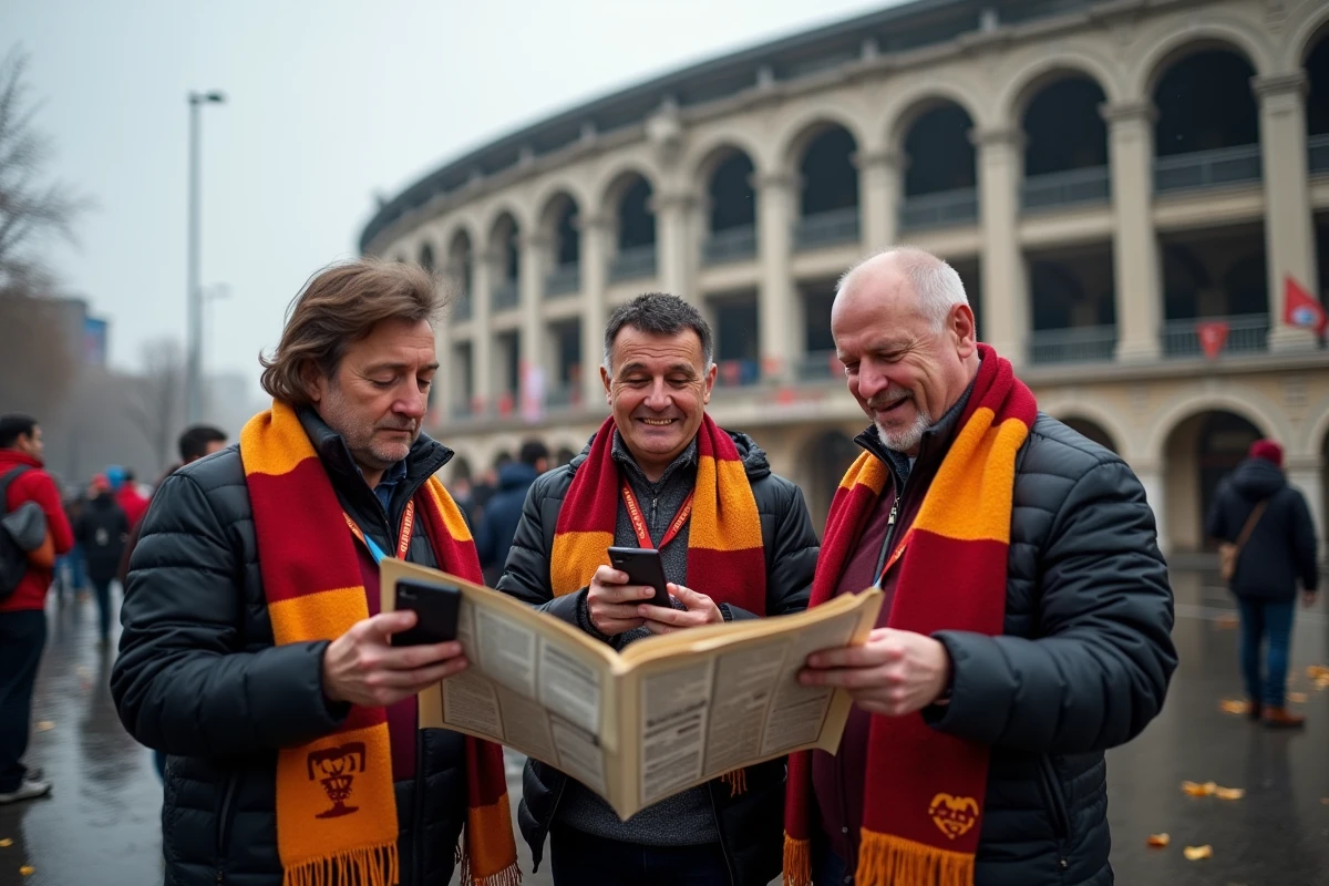 Supporters de l'AS Roma lisant les dernières actualités du club devant le Stadio Olimpico à Rome