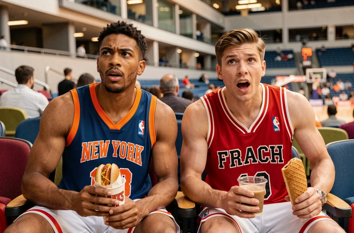 Deux supporters de basket côte à côte, l'un en maillot NBA américain avec snacks typiques, l'autre en tenue de club français avec café et viennoiserie
