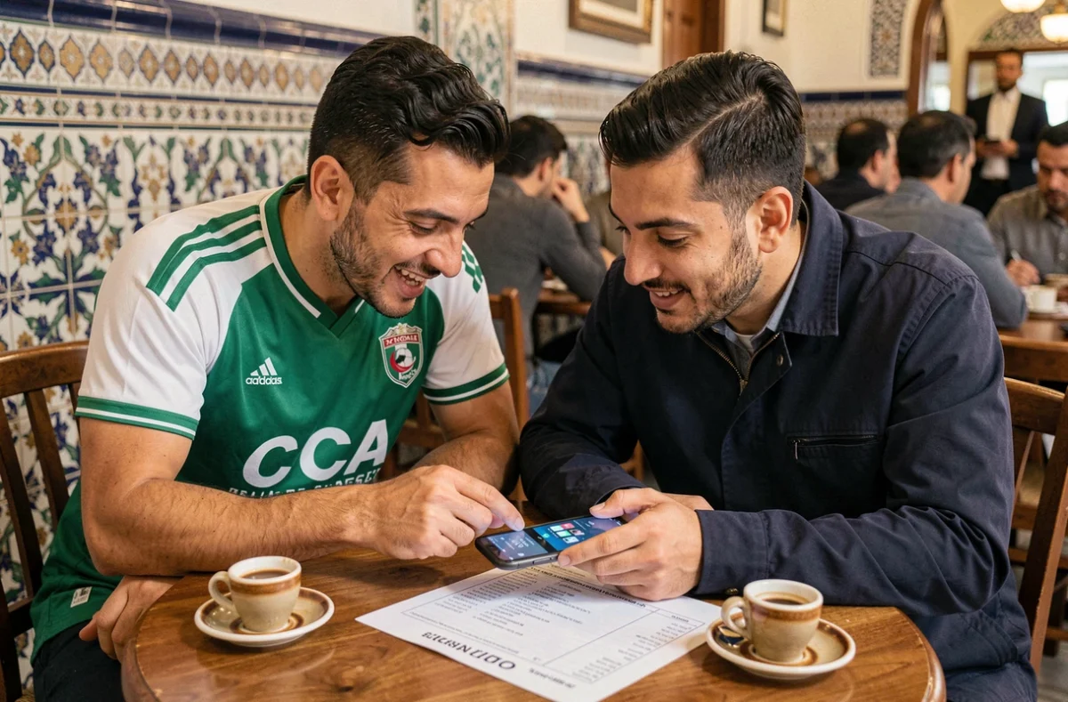 Deux supporters du MCA comparant les résultats de compétition algérienne sur smartphone et document PDF dans un café