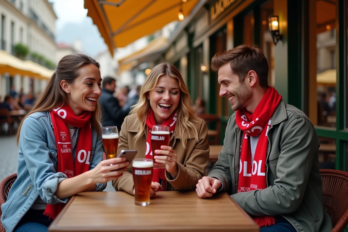 Trois supporters de l'OL attablés en terrasse à Lyon portant des écharpes rouge et blanc et consultant les stats du match sur smartphone