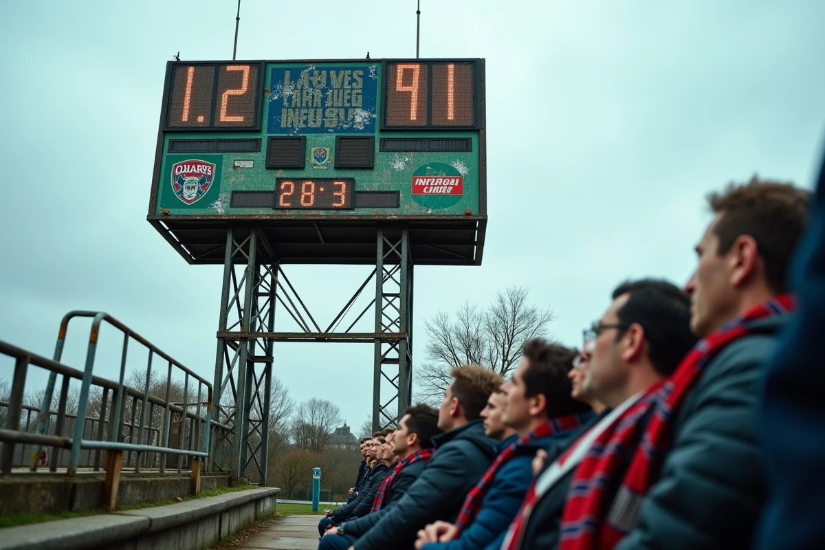 Supporters de rugby Fédérale 1 regardant le tableau de score lors d'une rencontre décisive pour le classement